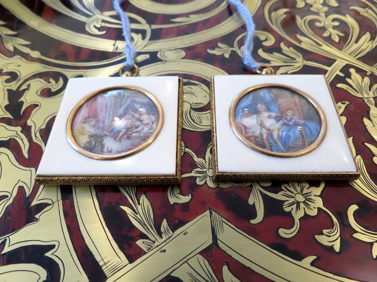 Pair Of Erotic Miniatures With Ivory Frame From The Napoleon III Period-photo-2