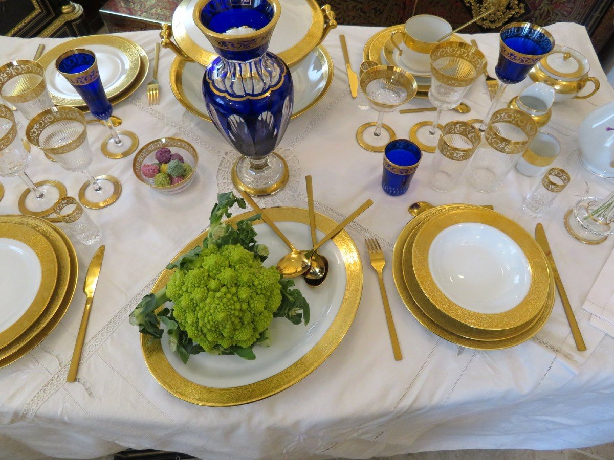  Service Pour 4 Personnes Haviland Saint Louis Thistle Or Cristal Et Porcelaine Signé-photo-2