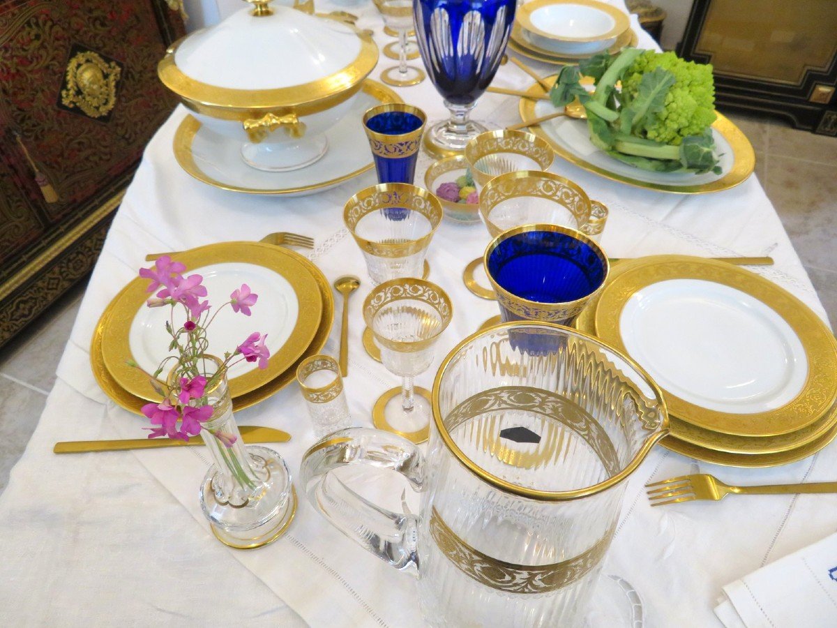  Service Pour 4 Personnes Haviland Saint Louis Thistle Or Cristal Et Porcelaine Signé-photo-3