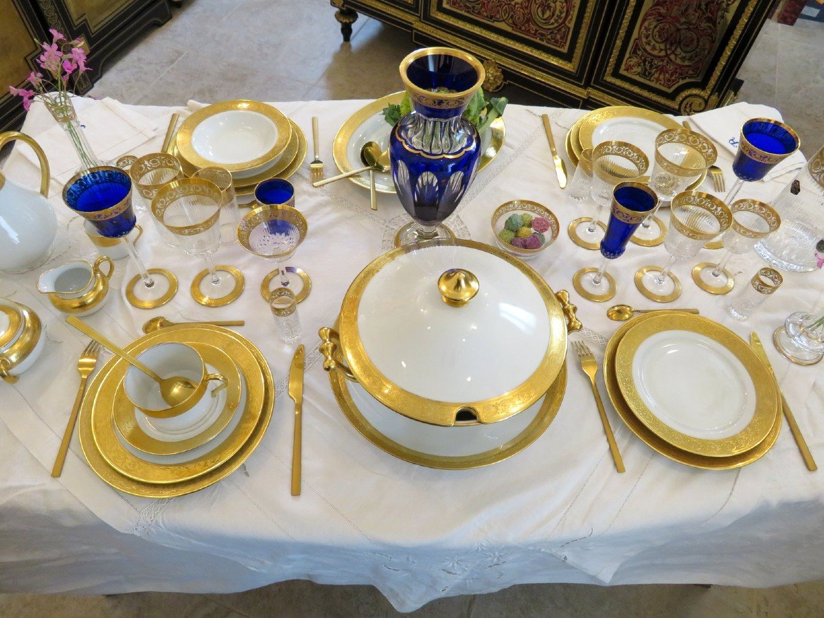  Service Pour 4 Personnes Haviland Saint Louis Thistle Or Cristal Et Porcelaine Signé-photo-4