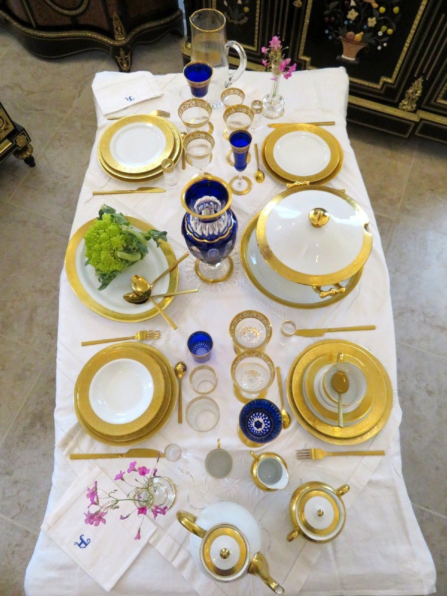  Service Pour 4 Personnes Haviland Saint Louis Thistle Or Cristal Et Porcelaine Signé-photo-1