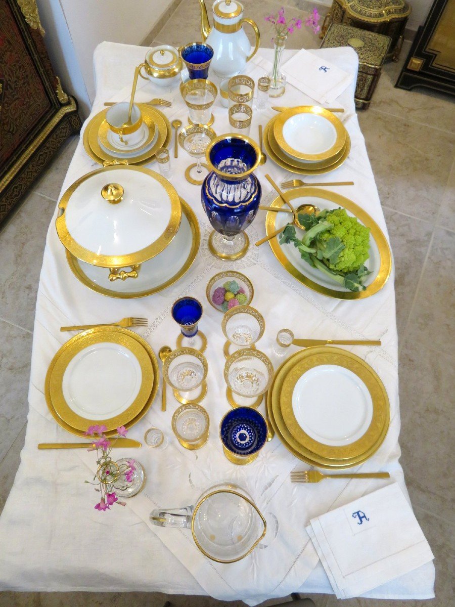  Service Pour 4 Personnes Haviland Saint Louis Thistle Or Cristal Et Porcelaine Signé-photo-5