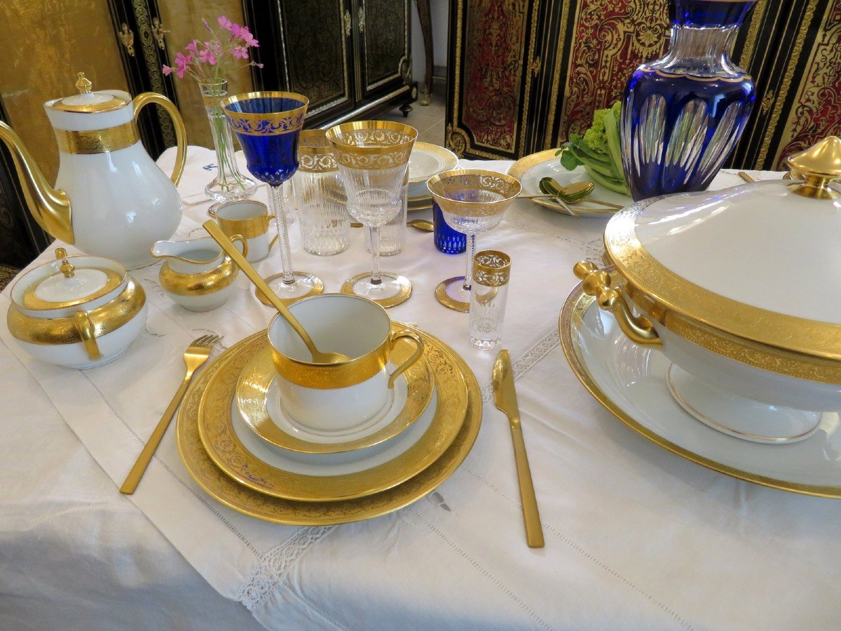  Service Pour 4 Personnes Haviland Saint Louis Thistle Or Cristal Et Porcelaine Signé-photo-7