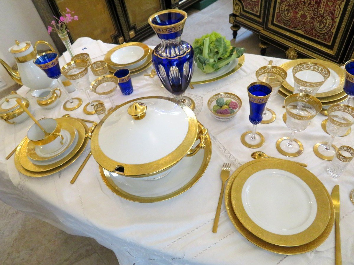  Service Pour 4 Personnes Haviland Saint Louis Thistle Or Cristal Et Porcelaine Signé-photo-8