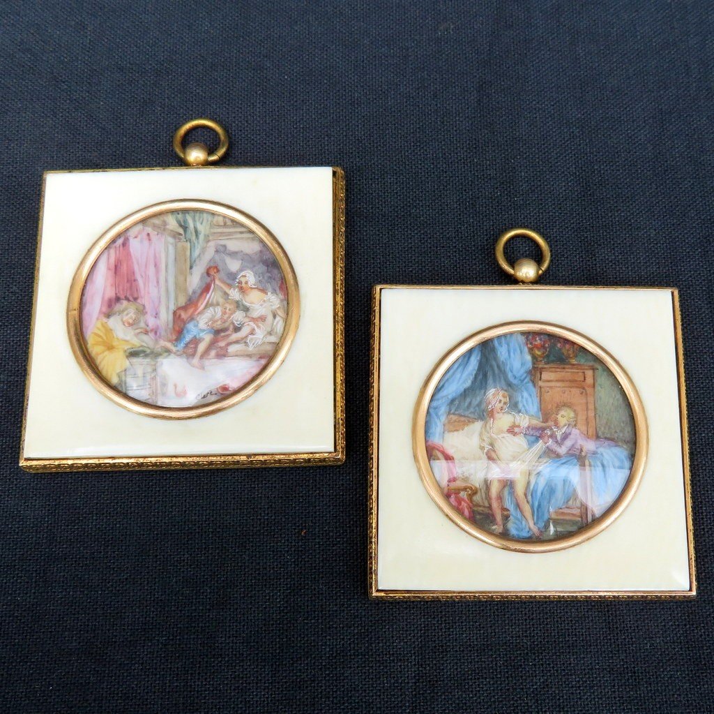 1 Pair Of Erotica Miniatures With Ivory Frame From Napoleon III Period-photo-2