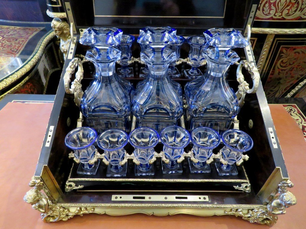 Estampillée Audigé Cave à Liqueur Piano  Marqueterie Boulle époque Napoléon III Baccarat Bleu-photo-2