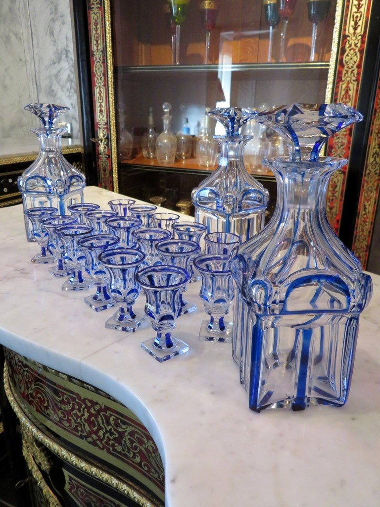 Estampillée Audigé Cave à Liqueur Piano  Marqueterie Boulle époque Napoléon III Baccarat Bleu-photo-4