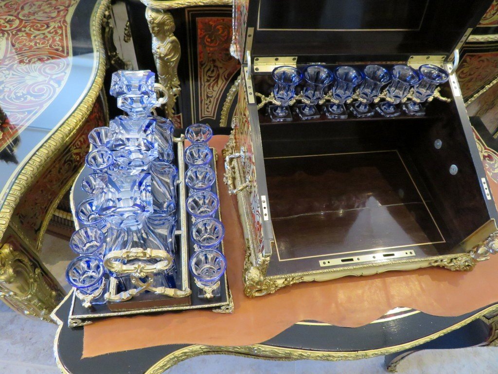 Estampillée Audigé Cave à Liqueur Piano  Marqueterie Boulle époque Napoléon III Baccarat Bleu-photo-7