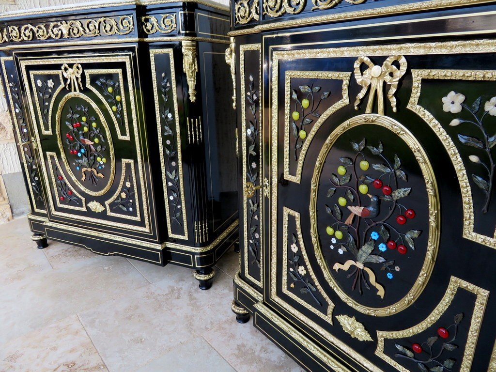 Pair Of Cabinet In Hard Stone Marquetry 19th Napoleon III Period Pietra Dura-photo-3