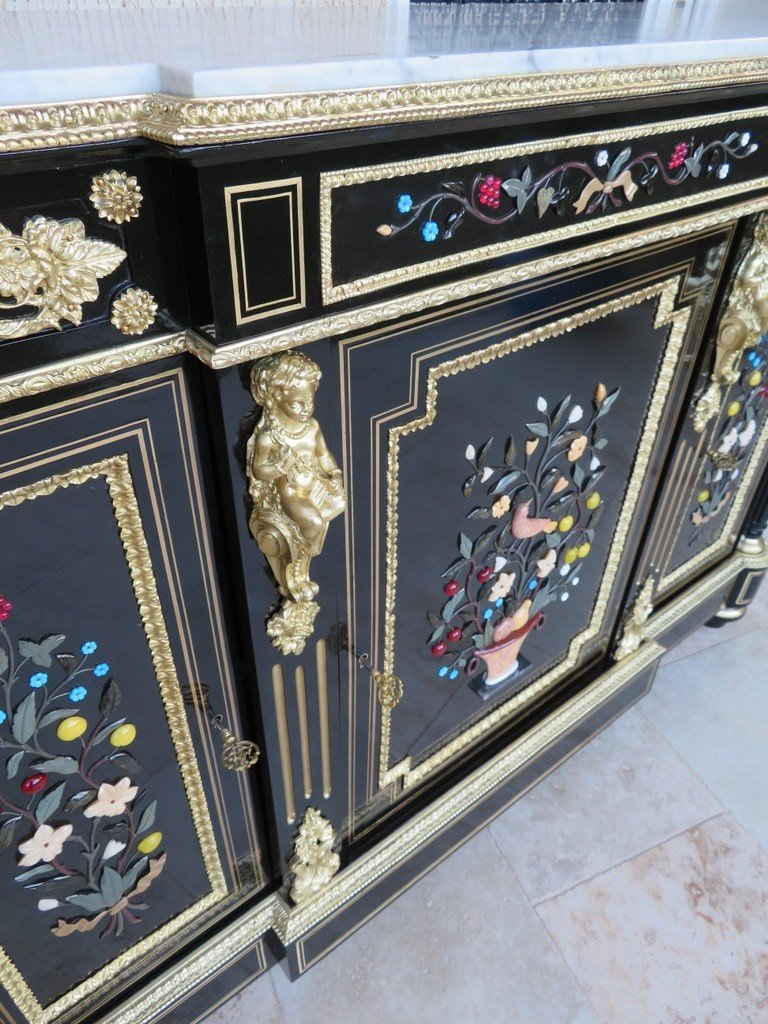 Credenza  In Hard Stone Marquetry Pietra Dura 19th Bronze Signed S. Cochard-photo-8