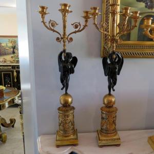 Pair Of Candelabra Golden Bronze And Marbre Jaune Empire Period, 70cm