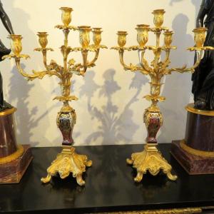 Pair Of Candelabra In Boulle Marquetry And Bronze, Napoleon III Period 61 Cm