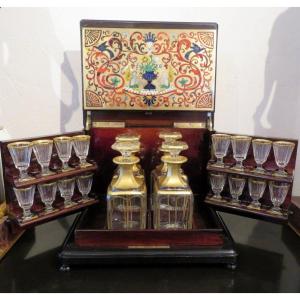  Pagoda Liqueur Cellar Tantalus Box Boulle Marquetry Napoleon III Period Gold Crystal Complete