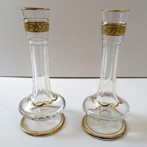 Pair Of Saint Louis Thistle Gold Crystal Soliflore Signed Perfect Condition 18cm