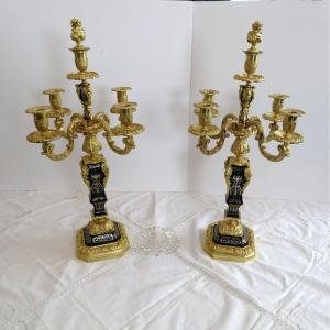 Paire De Candelabre En Marqueterie Boulle Et En Bronze époque Napoléon III 64 Cm