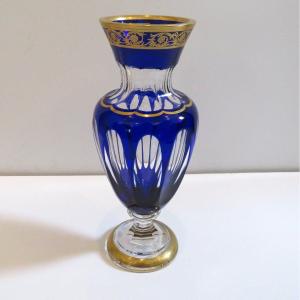 Vase Balustre Bleu Cobalt Saint Louis Modèle  Thistle Or Cristal Signé 31 Cm