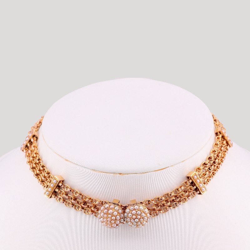 Yellow Gold And Pearl Choker Necklace, 19th Century-photo-3