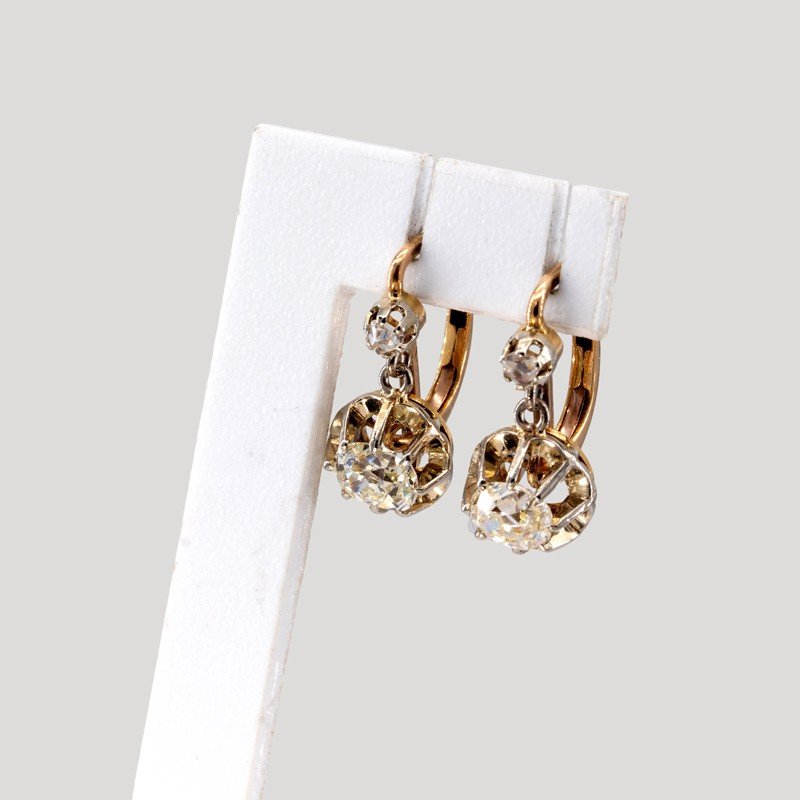 Two Gold Diamond Sleeper Earrings, 19th Century-photo-2
