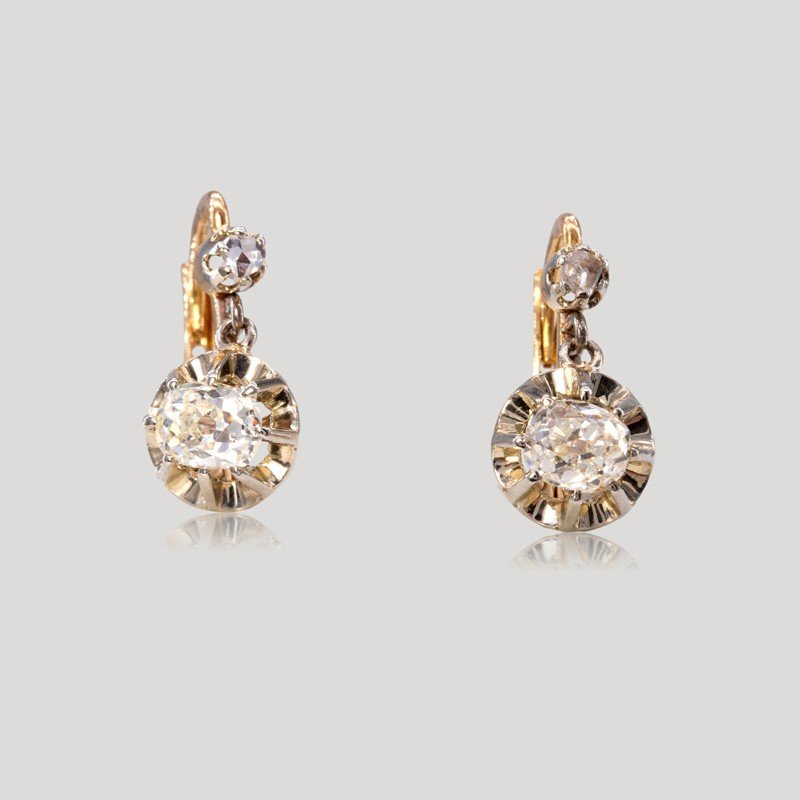 Two Gold Diamond Sleeper Earrings, 19th Century