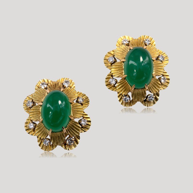 Boucles d'Oreilles Clips Chrysoprases, Vers1960