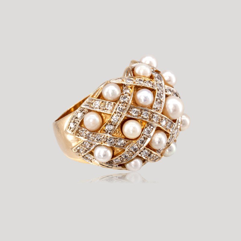 Domed Pearl And Diamond Cross Ring, Circa 1980-photo-3