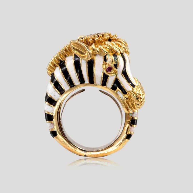 Zebra Ring Gold Enamel, Diamonds And Rubies, Circa 1960