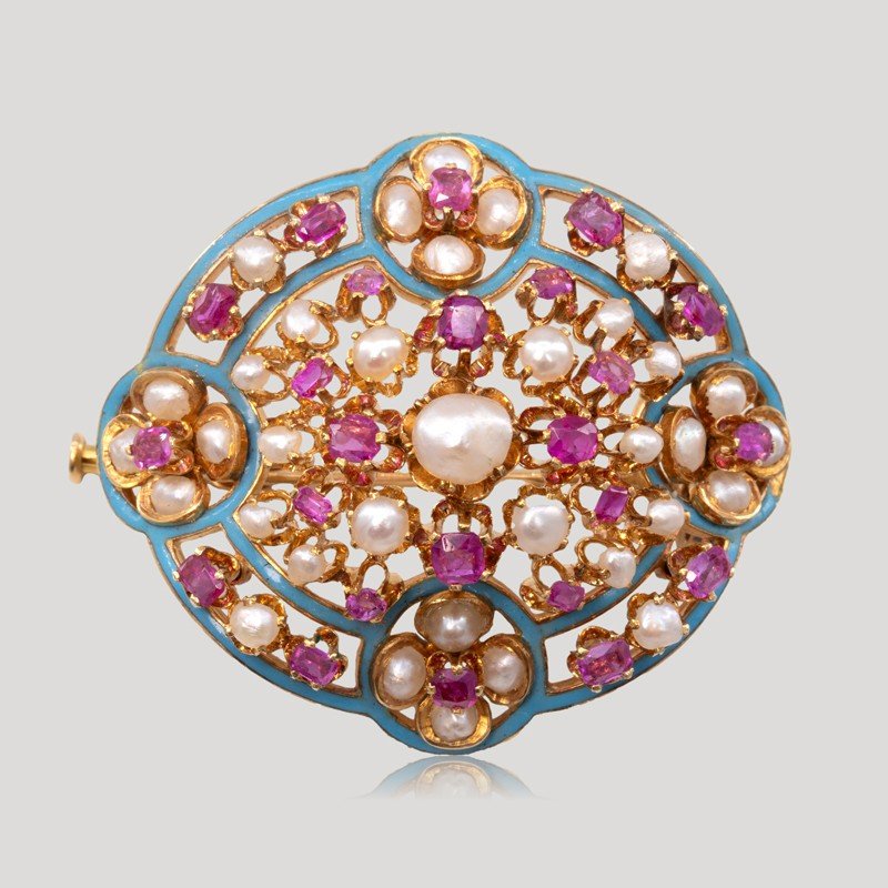 Broche Napoléon III Perles, Rubis, émail, XIXe Siècle