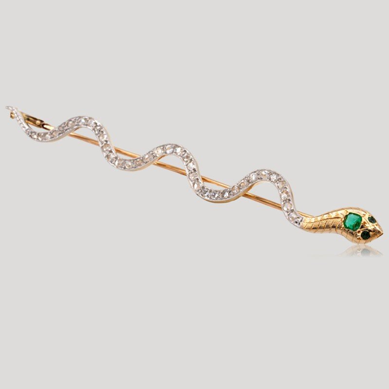 19th Century Diamond And Emerald Serpent Brooch-photo-2