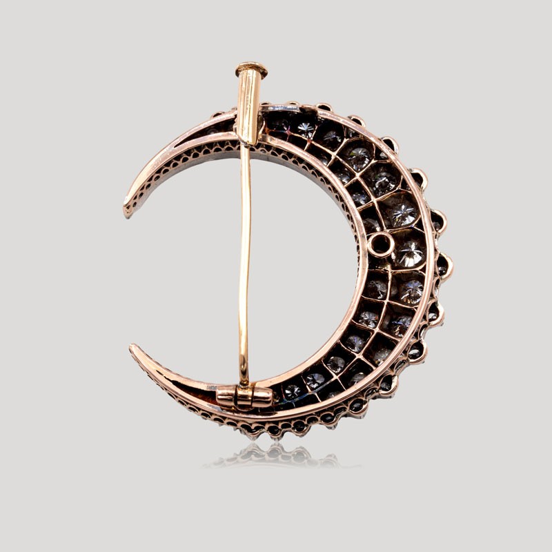 19th Century Diamond Crescent Moon Brooch-photo-3