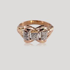 Bague Tank Noeud Sur Or Rose Et Blanc Diamants, Vers 1940