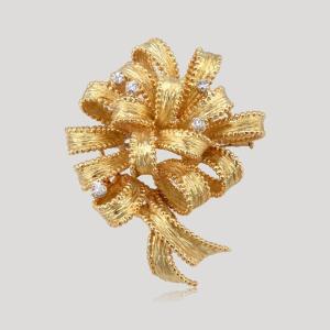 Yellow Gold And Diamond Ribbon Brooch, Circa 1960