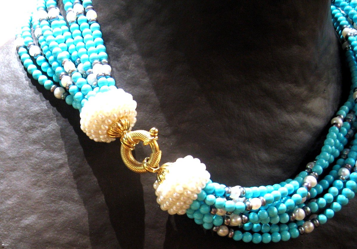 Torsade Necklace With Cultured Pearls And Natural Turquoise Pearls-photo-2