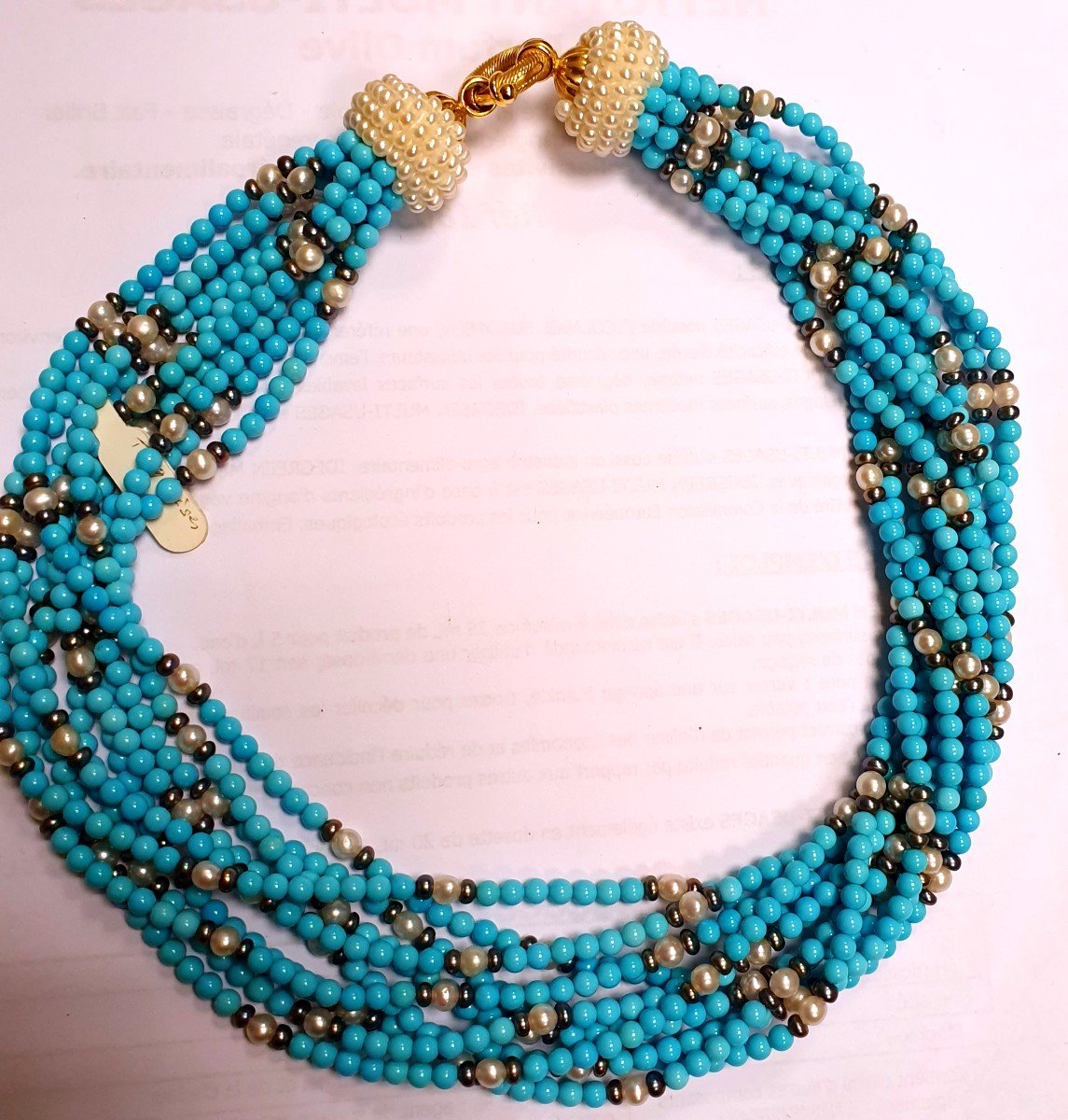 Torsade Necklace With Cultured Pearls And Natural Turquoise Pearls-photo-3