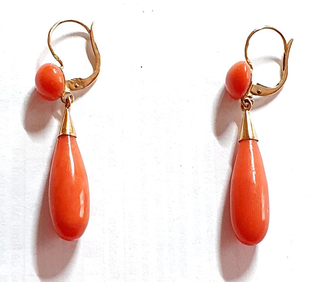 Sleeper Earrings In Yellow Gold And Mediterranean Coral - Early 20th Century-photo-2