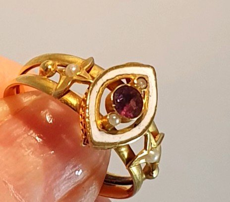 BAGUE ANCIENNE MARQUISE OR EMAIL - AMETHYSTE - PERLES - -photo-2