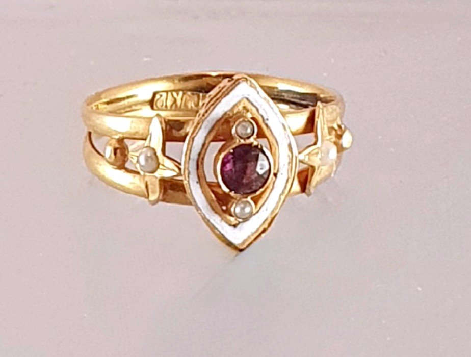 BAGUE ANCIENNE MARQUISE OR EMAIL - AMETHYSTE - PERLES - -photo-3