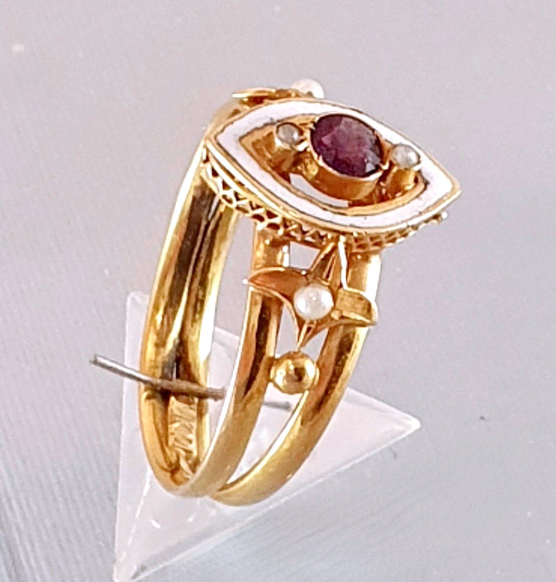 BAGUE ANCIENNE MARQUISE OR EMAIL - AMETHYSTE - PERLES - -photo-4