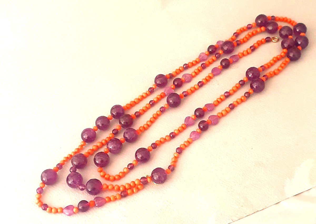 LONG COLLIER - SAUTOIR de CORAIL ANCIEN et d'AMETHYSTES DIVERSES-photo-2