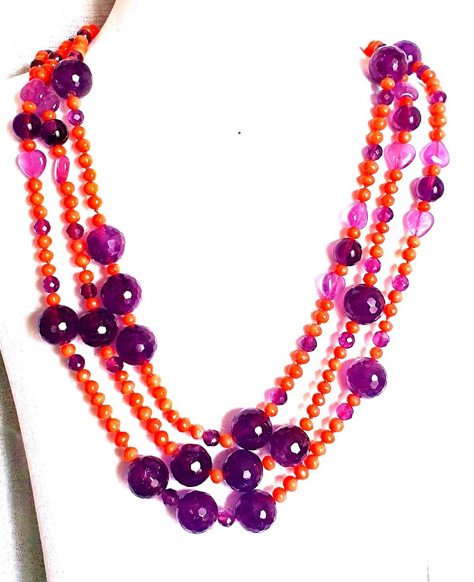 LONG COLLIER - SAUTOIR de CORAIL ANCIEN et d'AMETHYSTES DIVERSES-photo-3