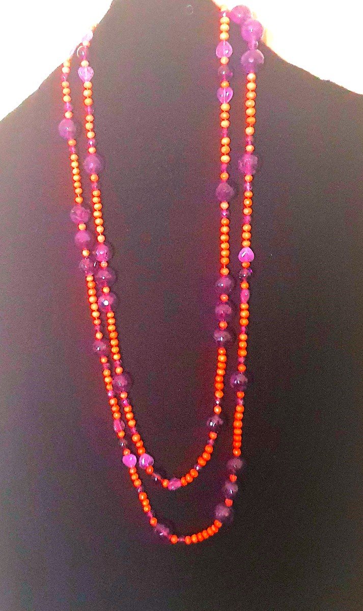 LONG COLLIER - SAUTOIR de CORAIL ANCIEN et d'AMETHYSTES DIVERSES-photo-4