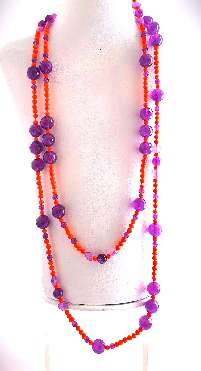 LONG COLLIER - SAUTOIR de CORAIL ANCIEN et d'AMETHYSTES DIVERSES