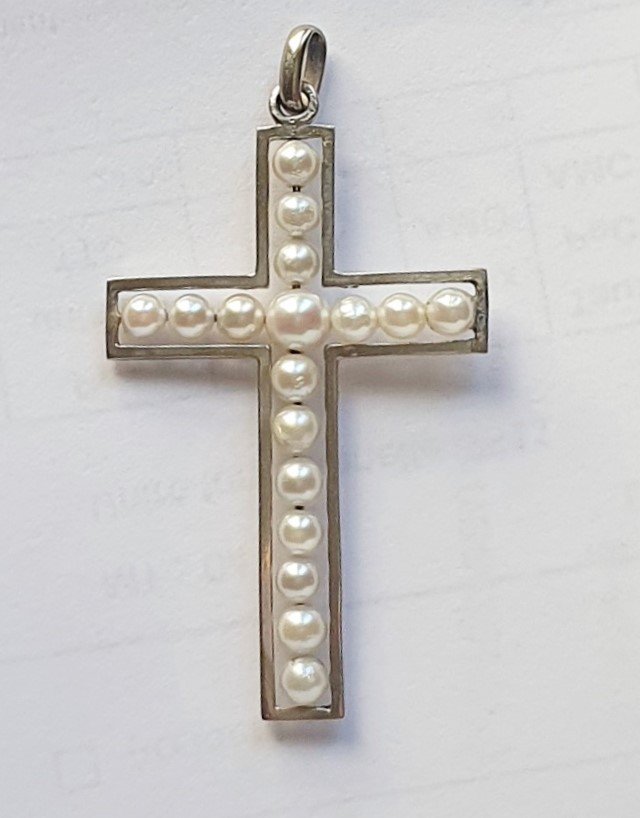 CROIX  OR BLANC ET PERLES