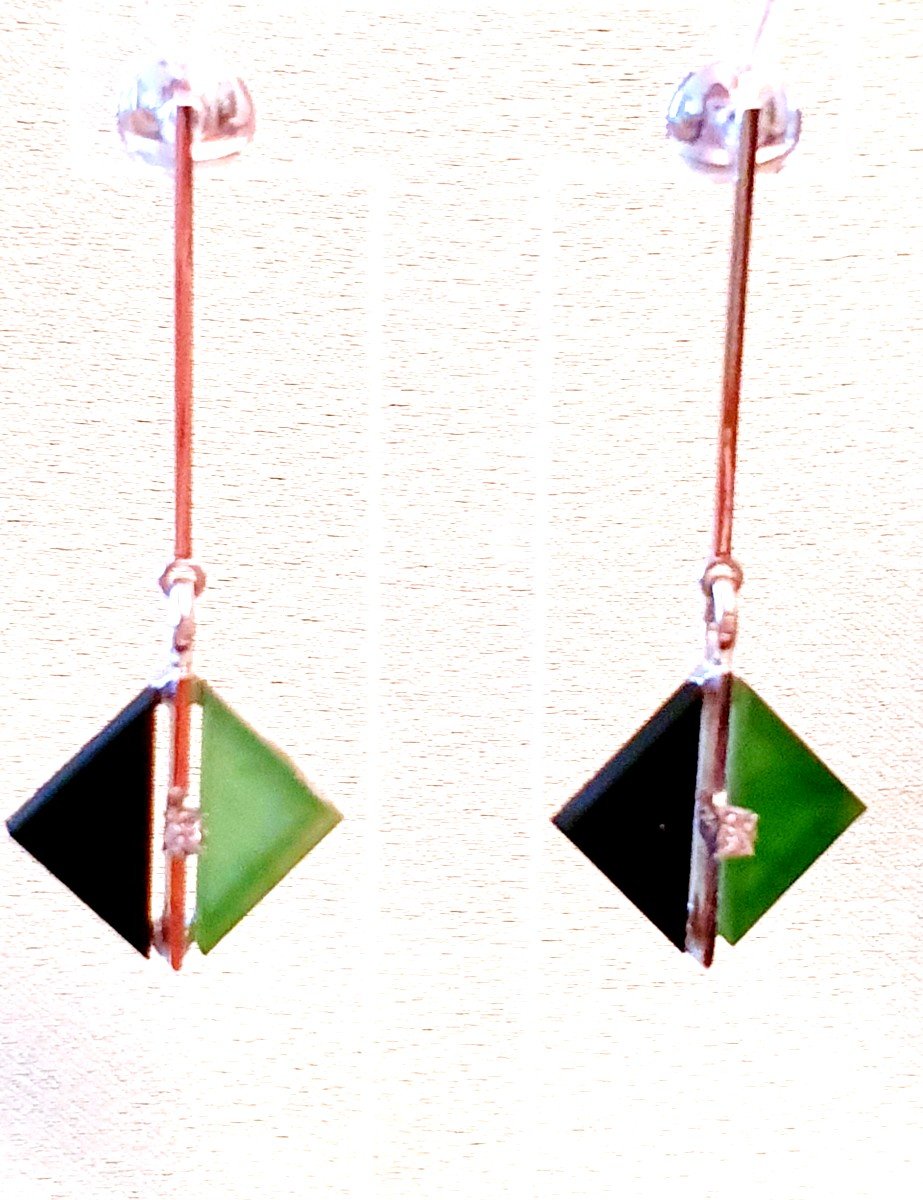 White Gold Dangle Earrings - Onyx - Jade And Diamond Designs - Art Deco Style