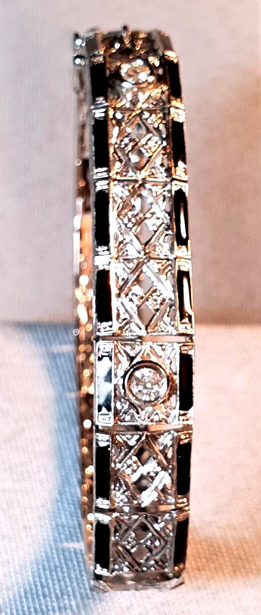 BRACELET JONC ARTICULE OR BLANC  DIAMANTS  et EMAIL NOIR  - STYLE ART DECO-photo-3