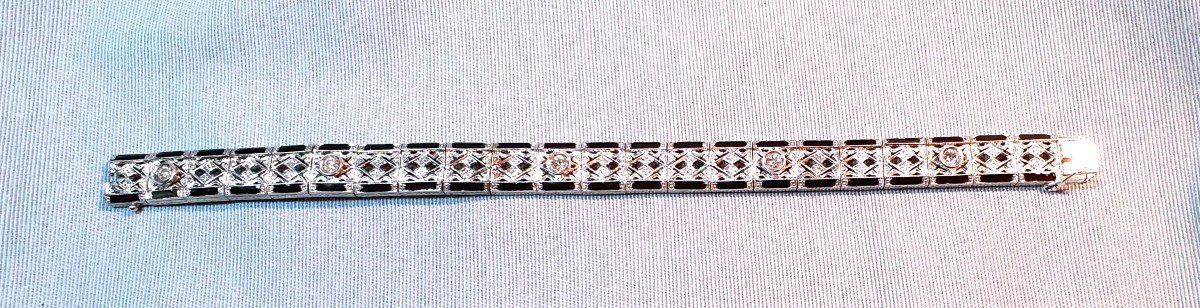 BRACELET JONC ARTICULE OR BLANC  DIAMANTS  et EMAIL NOIR  - STYLE ART DECO-photo-4