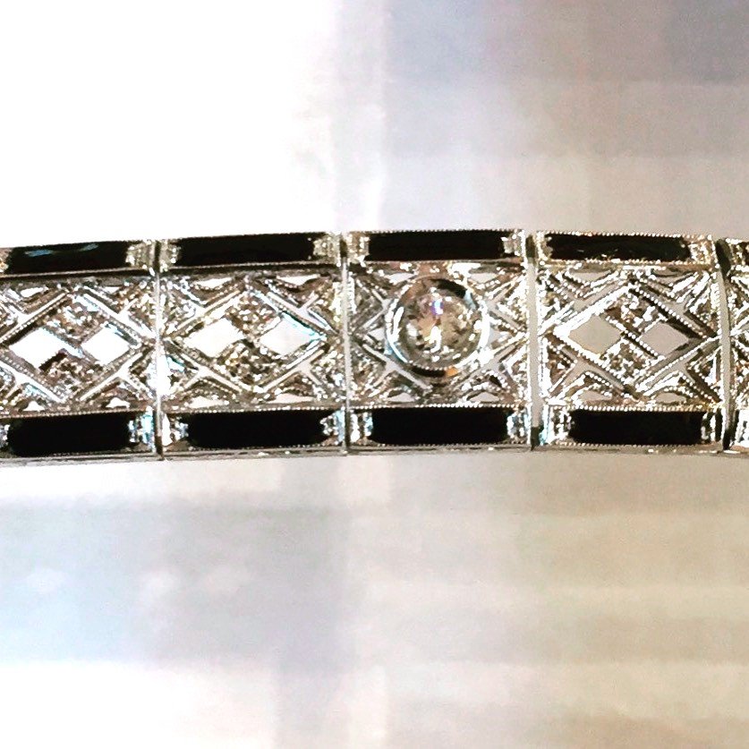 Articulated White Gold Diamond And Black Enamel Bangle Bracelet - Art Deco Style-photo-3