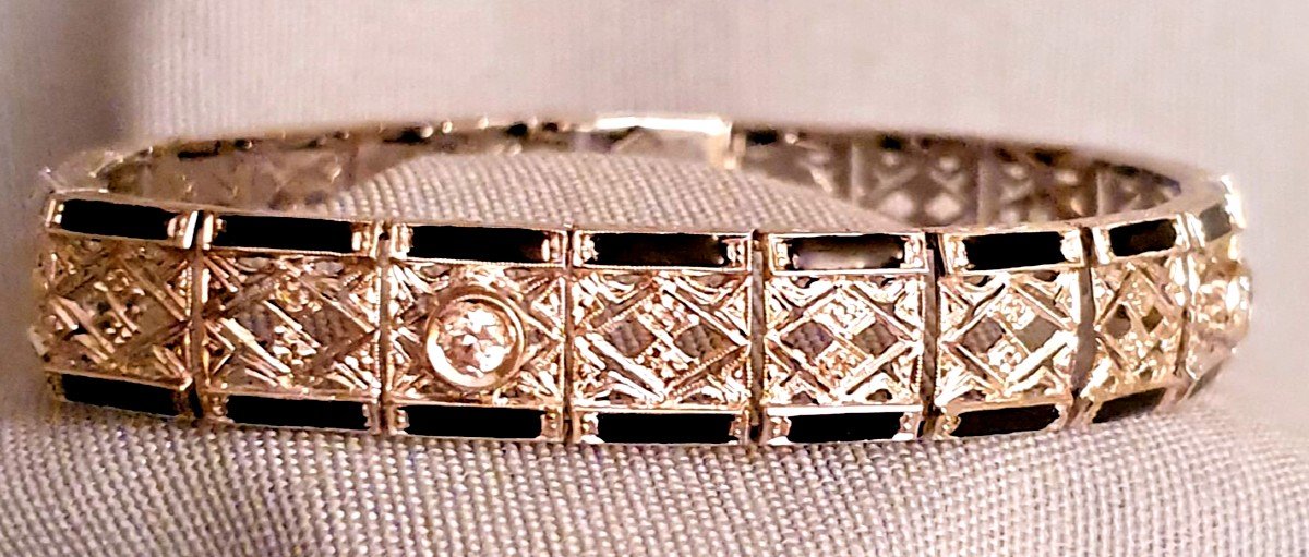 BRACELET JONC ARTICULE OR BLANC  DIAMANTS  et EMAIL NOIR  - STYLE ART DECO