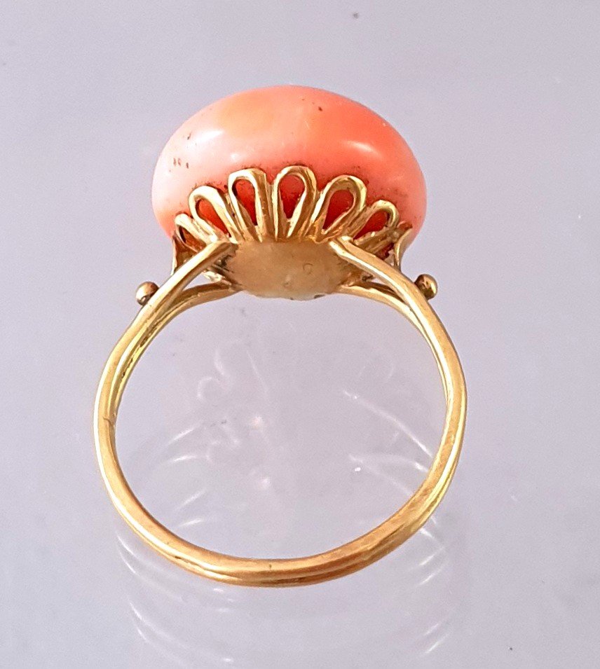 BAGUE ANCIENNE  EN OR AVEC CABOCHON CORAIL ROSE CLAIR SAUMONÉ -photo-3