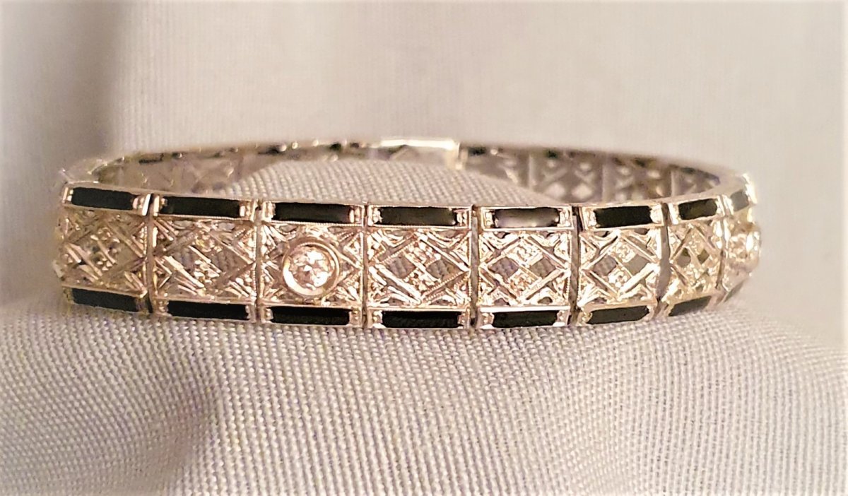 BRACELET JONC ARTICULE OR BLANC  DIAMANTS  et EMAIL NOIR-photo-2