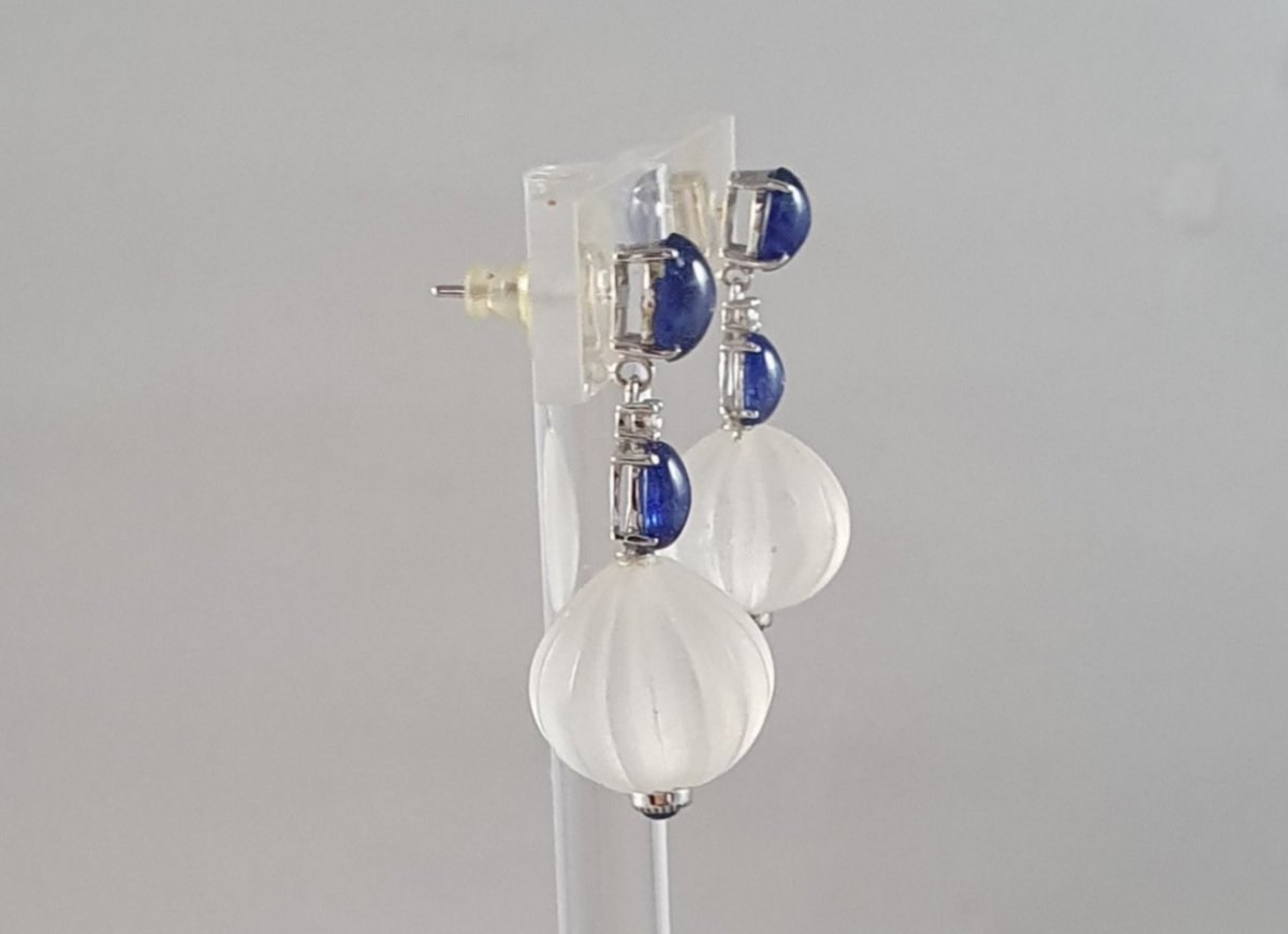 BOUCLES D'OREILLES  OR BLANC BOULE QUARTZ DEPOLI  & SAPHIRS-photo-2